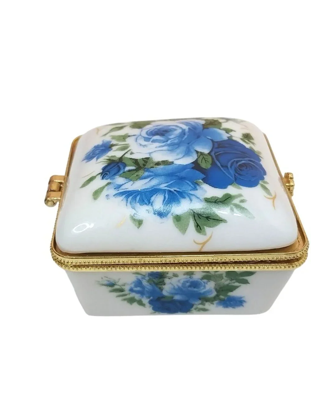 Porcelain Trinket Pill Box Blue Roses Floral Gold Trim Hinged Lid Square 2.25